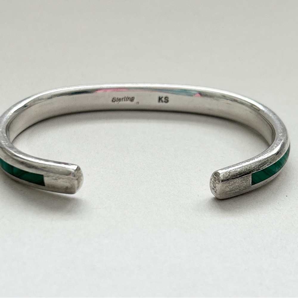 Vintage Kirk Smith Navajo Malachite Inlay Sterling Silver Cuff Bracelet - Picture 12 of 13